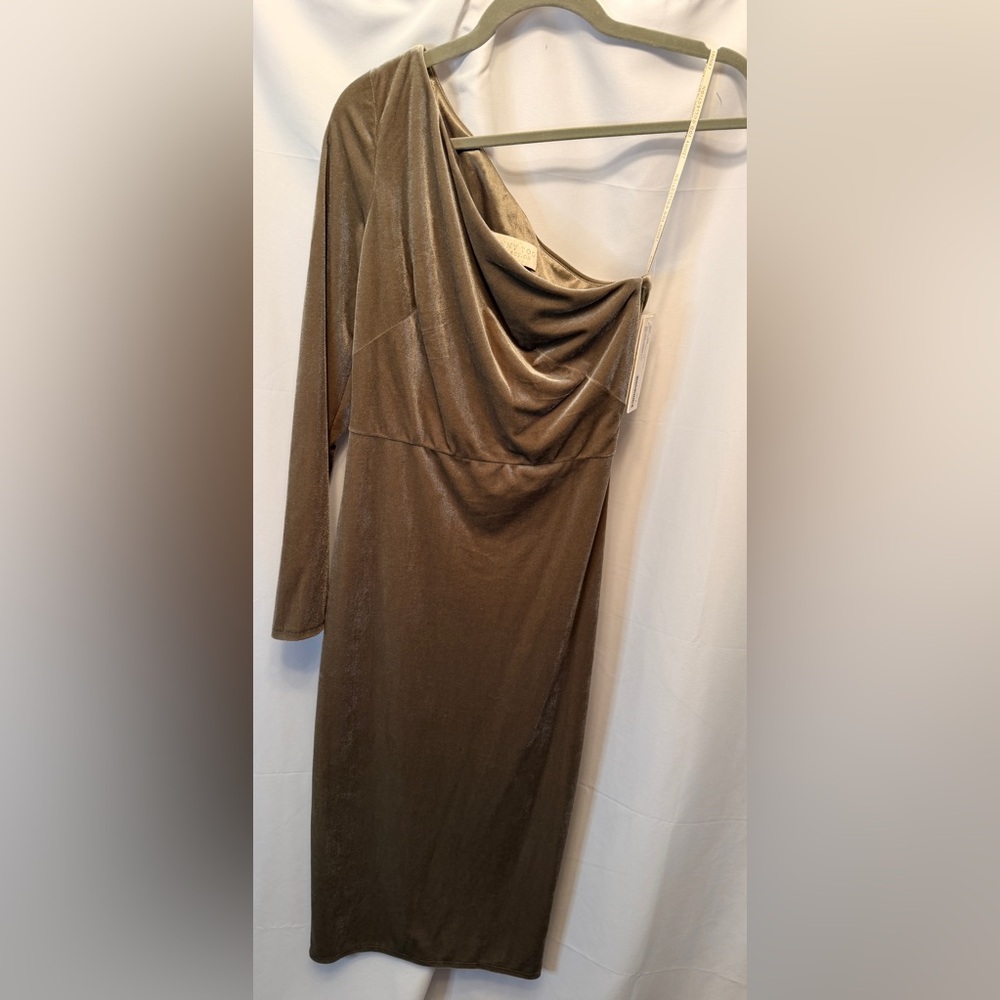 NWT Jenny Yoo Aimee Midi Dress Size 4 Sage Green Stretch Velvet One Shoulder